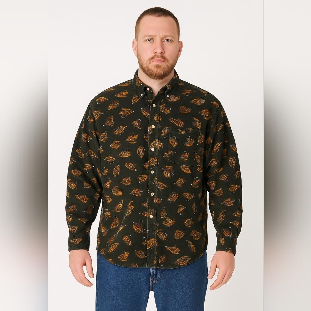Vintage Nautica Corduroy Men's XLT Button Shirt Chore Coat Fly Fishing Fish Lure
